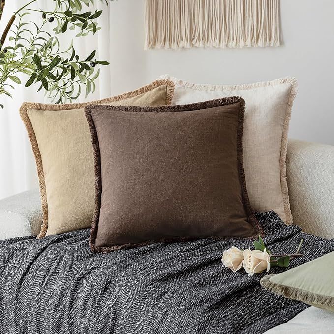 Foindtower Set of 2 Decorative Linen Fringe Throw Pillow Covers Cozy Boho Farmhouse Cushion Cover with Tassels Soft Accent Pillowcase for Couch Sofa Bed Living Room Home Decor,26×26 Inch,Reddish Brown