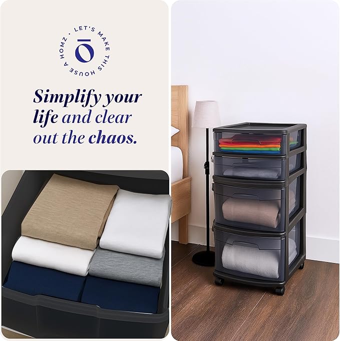 HOMZ 2-Pack Drawer Tower, 4-Tier Clear Plastic Storage Organizer Cart, Black Tint and Frame - Organizing Containers with Wheels for Home, Bathroom, Bedroom, Office, and Classroom