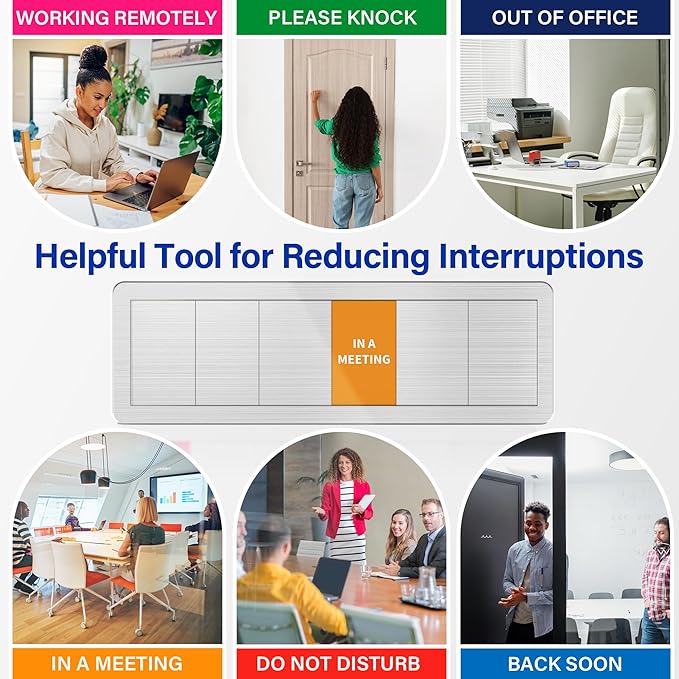 Office Door Signs with 6 Printed Status Options – Do Not Disturb, Out of Office, In a Meeting, Please Knock, Work from Home, Back Soon – Includes Custom Personalized Blank Sticker for Privacy Workspace or Studio Available and Away