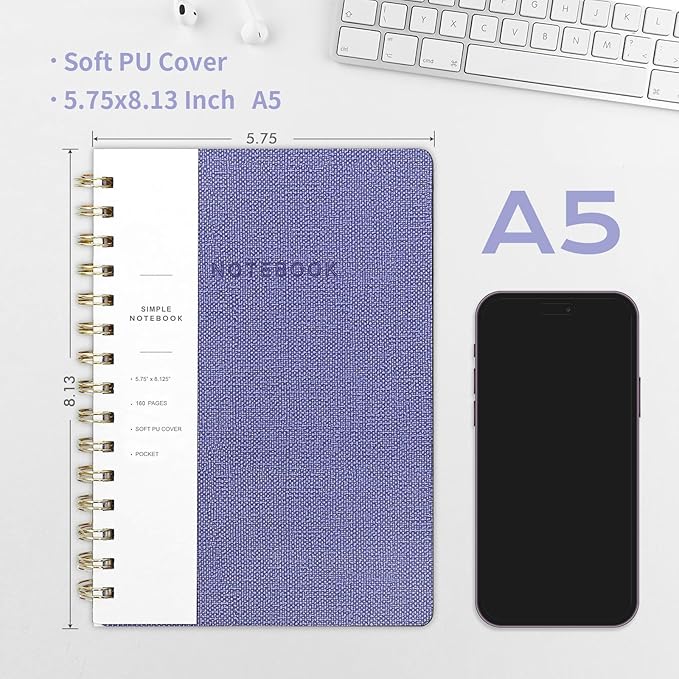 Oneirom Spiral Notebook-6.10" x 8.19" College Ruled Journal with Inner Pockets and 160 Pages,PU Leather Cover Business Journal, Twin-Wire Binding Notebook Perfect for Office & Home School Supplies