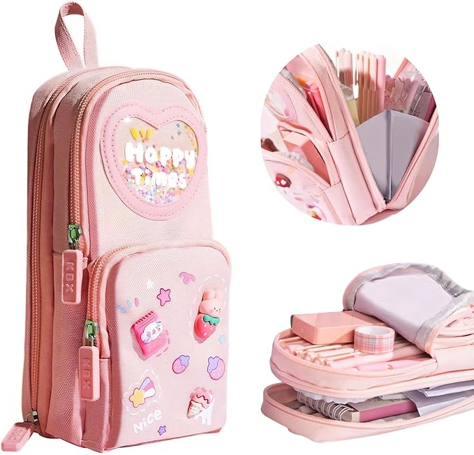 Fiaoudm Large Capacity Kawaii Pink Pencil Case & Pencil Pouch – Cute 3-Compartment Stationery Organizer for School Supplies, Office, and Travel | Ideal Gift for Girls and Art Lovers