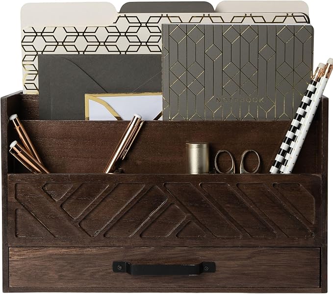 BLU MONACO | Wooden Mail Organizer with Drawer and Compartments | Mail Sorter Organizer Countertop for Desk Entryway | Outgoing Mail Holder Wood Desktop File Storage