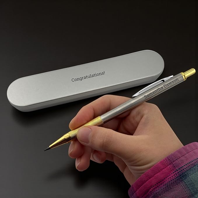 Custom Engraved Mechanical Pencil – Personalized 2.0mm Refillable Drafting Tools – Gift for Architects, Engineers, Students, Designers, Graduation (Chrome w/ Gold Trim Pencil Engraved)
