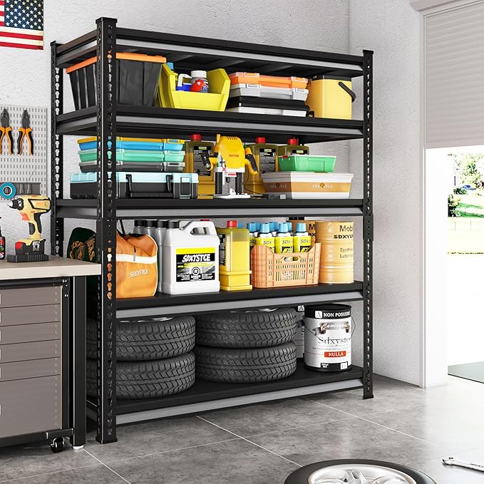 SDXYSTCE 48" W Garage Storage Shelves Heavy Duty, 2800LBS Loads Adjustable Garage Shelving, 5-Tier Metal Shelving Units and Storage Racks, Industrial Utility Shelf,48" Wx18 Dx78 H, Black