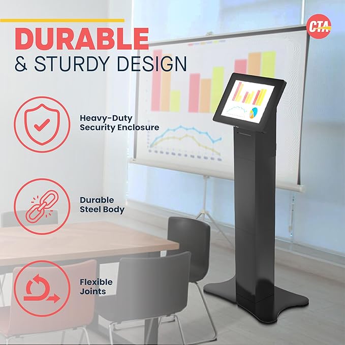 CTA Digital Locking Kiosk & Enclosure – Premium Locking Floor Stand Kiosk with Universal Security Enclosure - Storage and Cable Management for Retail POS - Ordering Screens & More Black (PAD-PARAFPE)