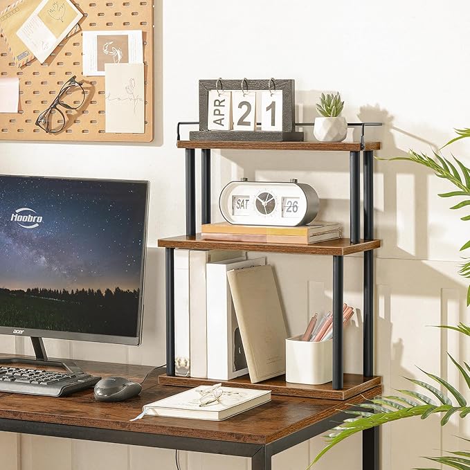 HOOBRO Kitchen Countertop Organizer, Moveable Corner Shelf, Desktop Storage Organizer for Countertop, Office Desk, Living Room, Rustic Brown and Black BF02TL01