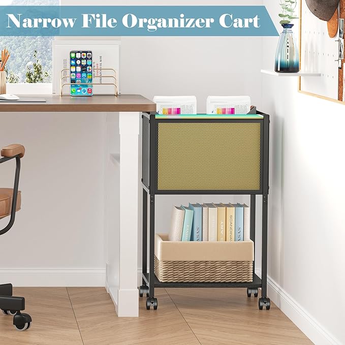 Sbanmao Letter/Legal Rolling File Cart, Narrow Mobile File Cabinet with Wheels Hanging Files, Metal Hanging File Folder Cart File Organizer Under Desk Storage for Home Office, Black
