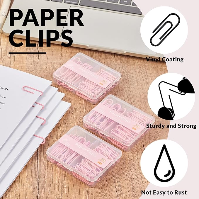 NEEWAY Colorful Paper Clips Assorted Sizes, Small and Large Paperclips, 210 Count, 3 Pack of 70 (Light Pink)