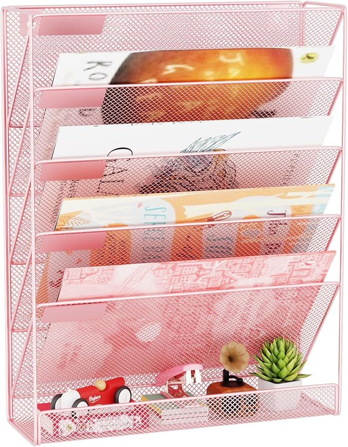 GDINDINFAN Wall File Organizer Holder Mesh Hanging Paper Document Holder, Vertical 6 Pocket Tier for Office Home, Light Pink