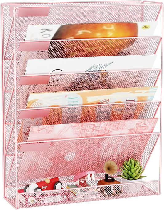 GDINDINFAN Wall File Organizer Holder Mesh Hanging Paper Document Holder, Vertical 6 Pocket Tier for Office Home, Light Pink