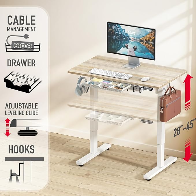 SHW 40-Inch Electric Height Adjustable Standing Desk with Drawer, Memory Preset and Cable Management Tray, Maple