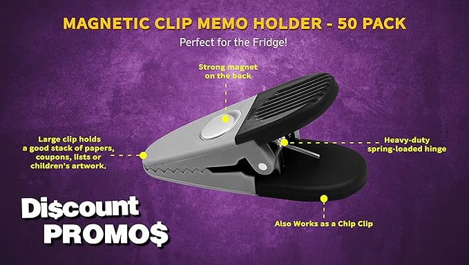 50 Magnetic Memo Holders Set - Customizable Text, Logo - Large Clip, Plastic - Silver Black