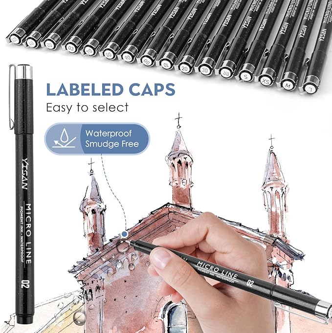 YISAN Black Drawing Art Pens,Micro Fineliner Manga Pens,Calligraphy Pens for Sketching Technical Drawing,16 set 70351