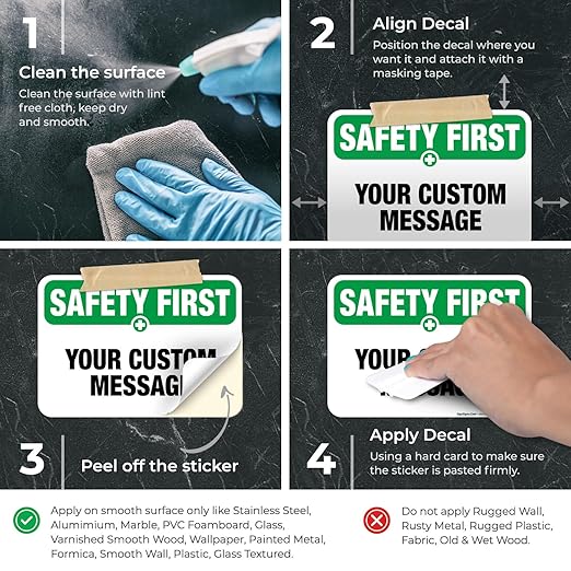 Custom Safety First Sign, OSHA Sign, 10x7 Inches, 4 Mil Vinyl Decal Stickers Weather Resistant, Made in USA