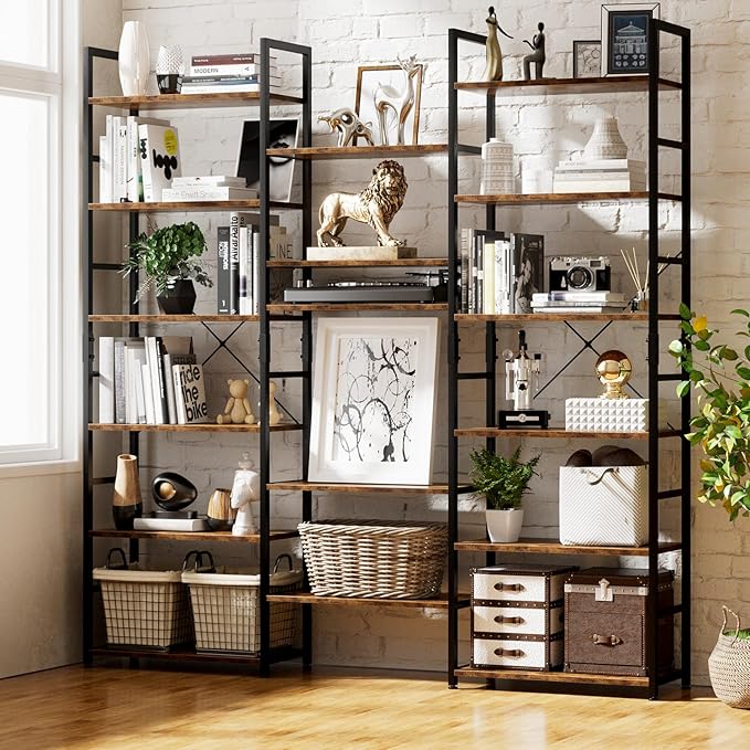 NUMENN Triple Wide 6 Tier Bookshelf, Rustic Industrial Style Bookcases and Bookshelves with 17 Open Display Shelves, Modern Tall Bookcase Furniture for Bedroom, Living Room and Home Office, Vintage