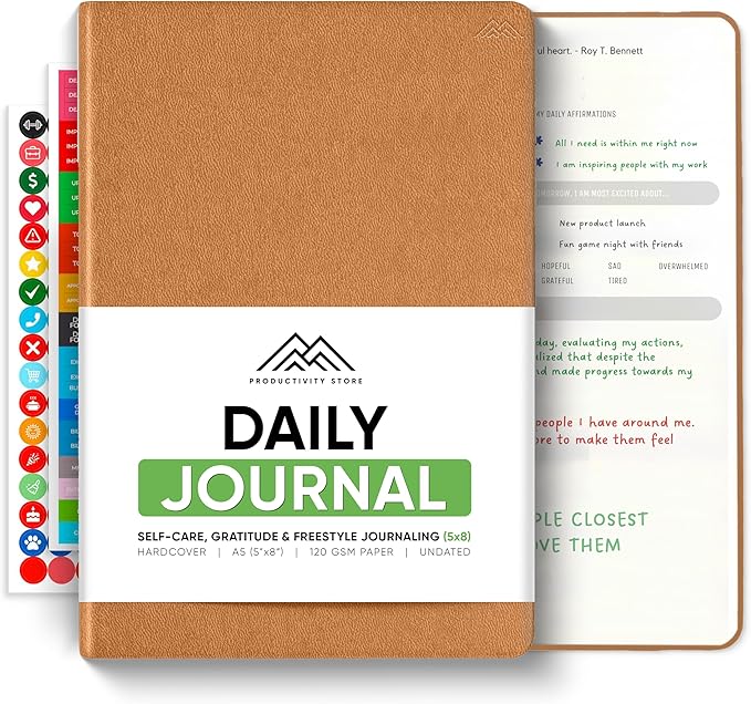 Journal For Men & Women - Gratitude Journal & Self Care Journal With Prompts - A5 Journaling Notebook - Brown - Productivity Store