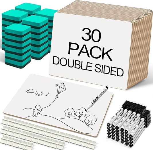 30 Pack Small White Boards, 9"x12" Double Sided Personal Dry Erase Boards Portable Handheld Whiteboards for Kids, Students, Teacher School, Include 30 Markers, 30 Erasers, 30 Pen Clips