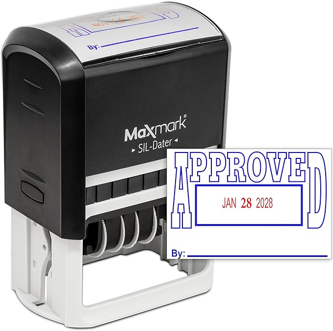 MaxMark Large Self-Inking Rubber Date Office Stamp with Approved Phrase & Date - Blue/Red Ink, 12-Year Band - Style 5