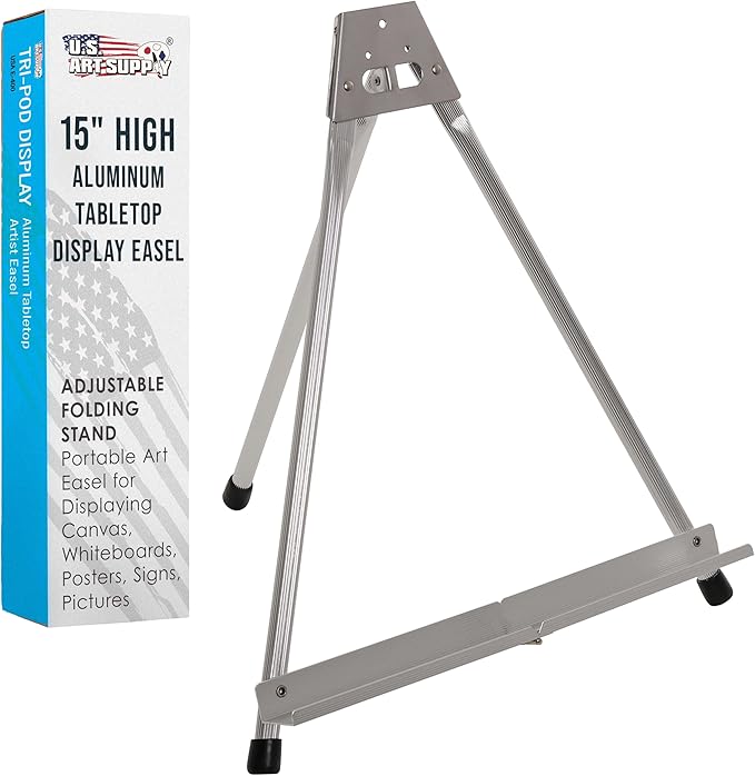 U.S. Art Supply 15" High Aluminum Tabletop Display Easel for Painting, Adjustable Folding Stand - Portable Art Easel for Displaying Canvas, Whiteboards, Posters, Signs, Pictures, Paintings
