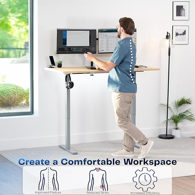 VIVO Electric 60 x 30 in Standing Desk, Memory Height Adjustment, 1B Series, Holds 220 lbs, Light Wood Top Gray Frame, DESK-KIT-1G6C-30