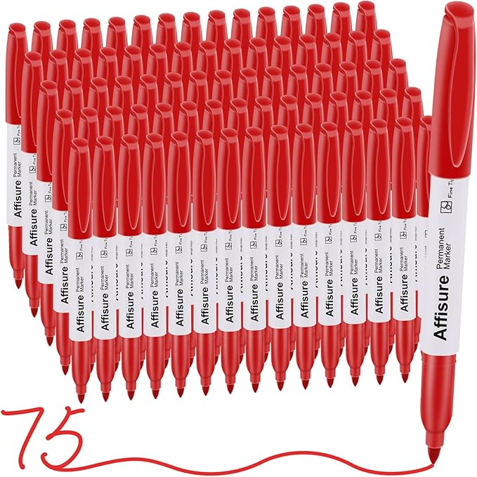 Affisure Red Permanent Markers Bulk, 75 Count, Quick Drying and Fade Resistant, Fine Point Marker works on Paper, Plastic, Metal, Wood, Perfect for Classroom, Home, Office