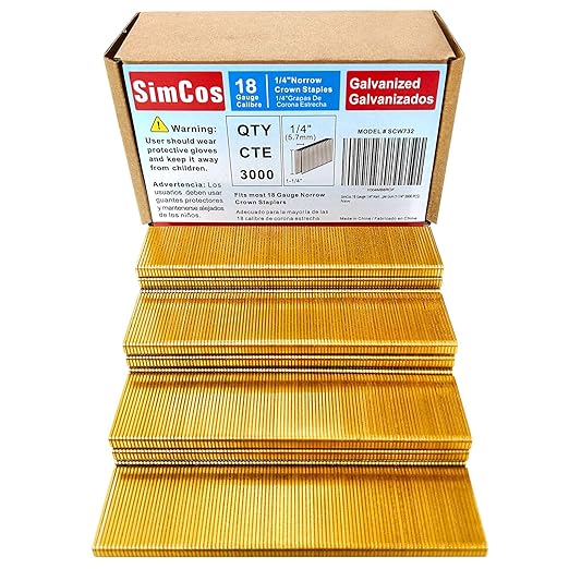 SimCos 18 Gauge 1/4" Narrow Crown Staples, Galvanized Upholstery Staples for 18 GA Pneumatic or Electric Stapler or Staple Gun (1-1/4"-3000 PCS)