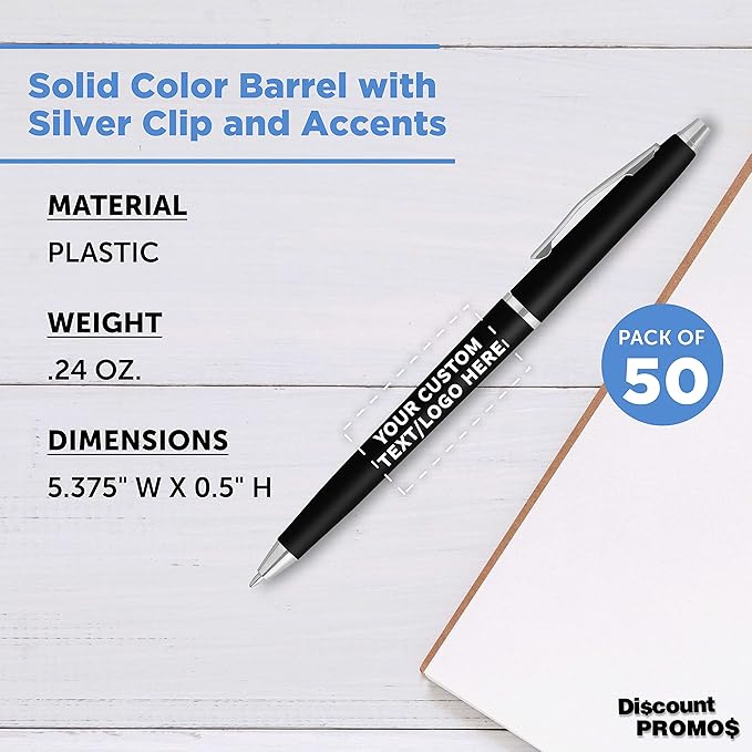 DISCOUNT PROMOS Custom Langham Ballpoint Pens Set of 50, Personalized Bulk Pack - Black Ink, Great for Office, School, Business, Tradeshows - Black