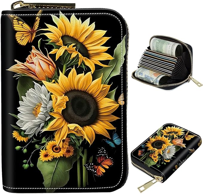 BWEGRHE Cute Credit Card Holder with Zipper, Sunflowers Butterfly RFID-Blocking Card Case Small Wallet for Women Men, Multi-slot Card Organizer Case Travel Accordion Wallet