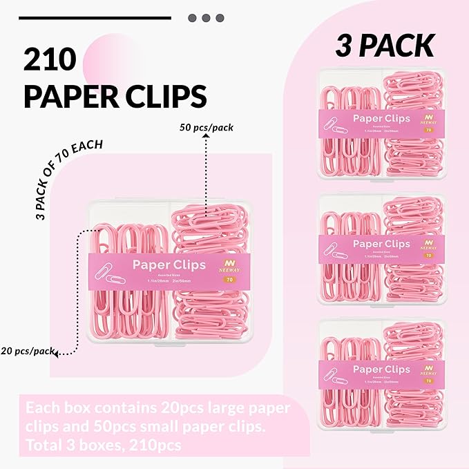 NEEWAY Colorful Paper Clips Assorted Sizes, Small and Large Paperclips, 210 Count, 3 Pack of 70 (Rose Pink)