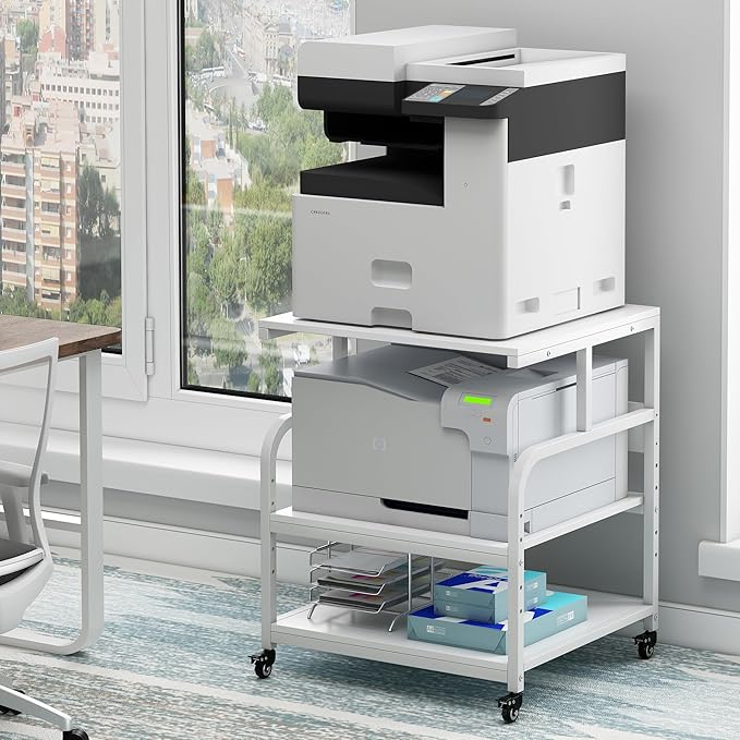 Fannova Printer Stand, 25.6" x 23.6" x 30.9" Extra Large Printer Table with Adjustable Storage Shelf, 3 Tier Rolling Printer Cart with Industrial Wheels for Home Office, White