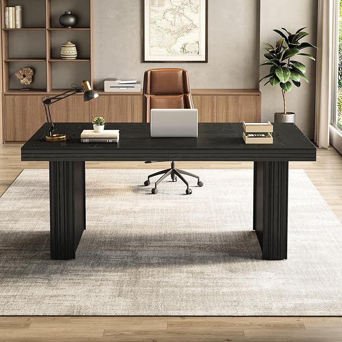 Tribesigns 63" Executive Desk, Large Office Computer Desk with Heavy-Duty Legs and Thickened Desktop, Elegant Writing Workstation Study Table Conference Table for Office, Black