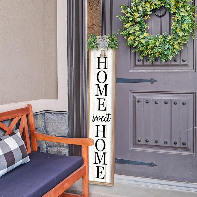 LuZhiQiang Welcome Sign for Front Porch Outdoor Home Sweet Home, 45"X9" For Large Front Door Wreath Standing Wooden Frame Tall Vertical Leaner Long Signs, Rustic Outside Farmhouse Garden Patio Decor (Wood)