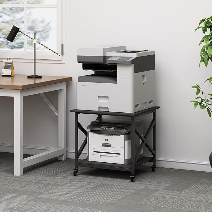 Fannova 2 Tier Large Printer Stand, 23.6 x 23.6 x 22.6 Inches Square Printer Table with Storage Shelf, Rolling Printer Cart with Industrial Wheels for Home Office, Mini Fridge Stand Table - Black