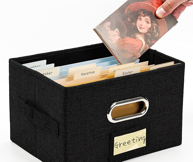 Remowith Greeting Card Organizer and Storage Box with 40 Pcs Adjustable Dividers, Storing Cards with 168 Pcs Labels Perfect for Storing Greeting Cards, Envelopes, Photos 2 Pack Black