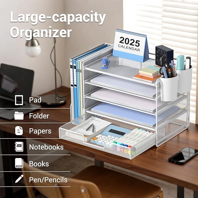 OPNICE Desk Organizer, 5-Tier Paper File Organizer with Drawer & Pen Holder, Office Desk Accessories, Workspace Desktop Organizer for Office Supplies(White)