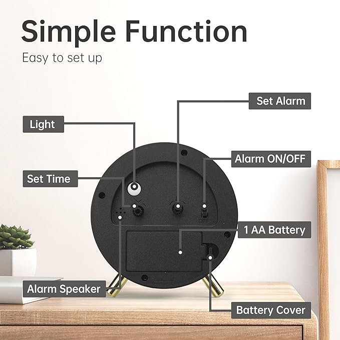 Analog Alarm Clock, 4 inch Super Silent Non Ticking Small Clock with Night Light, Battery Operated, Simple Design, easy setting for Office, Bedroom, Bedside, Desk, teens, elders, kids, adult, White