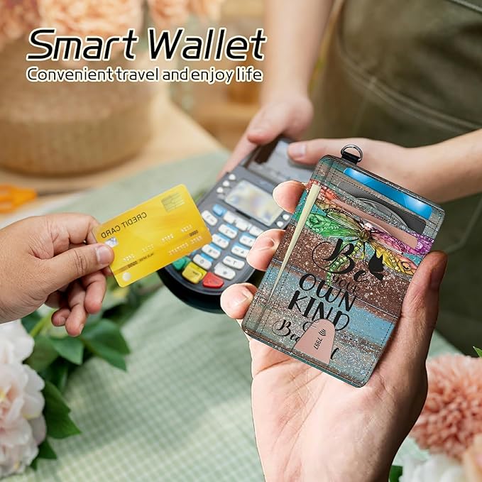 BWEGRHE Small Travel Wallets, Dragonfly Glitter Wood Slim Minimalist Front Pocket Wallet with Wristlet, RFID Blocking PU Leather Credit Card Holder with ID Window Change Purse for Men Women