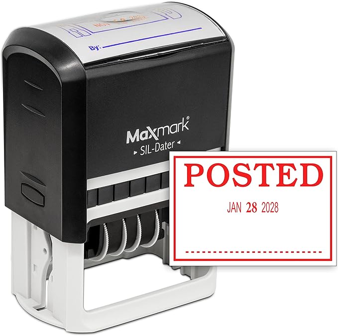 MaxMark Large Self-Inking Rubber Date Office Stamp with Posted Phrase & Date - Red Ink, 12-Year Band - Style 3