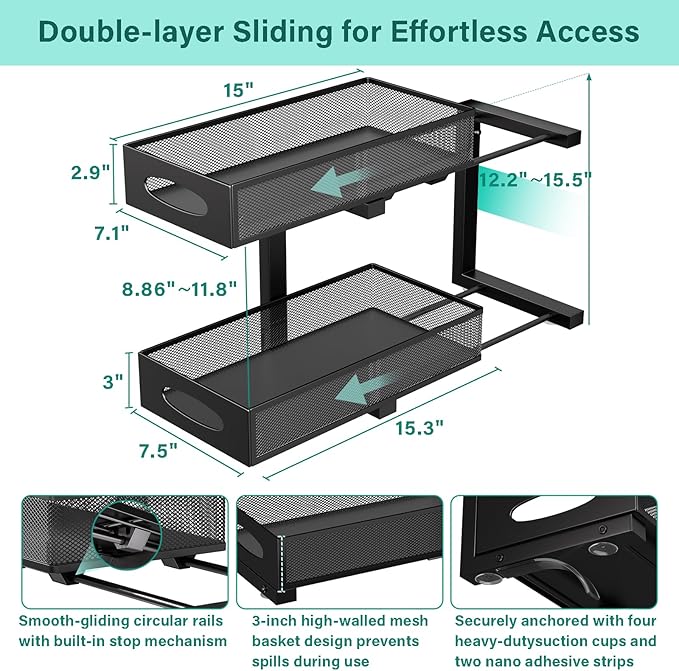 Beleeb Under Sink Organizer, 1-Pack of 2-Tier Metal Slide Out Pull Out Cabinet Organizer Shelf, Height Adjustable Organization and Storage Series, Bathroom/Desktop/Cabinet/Kitchen organization, Black