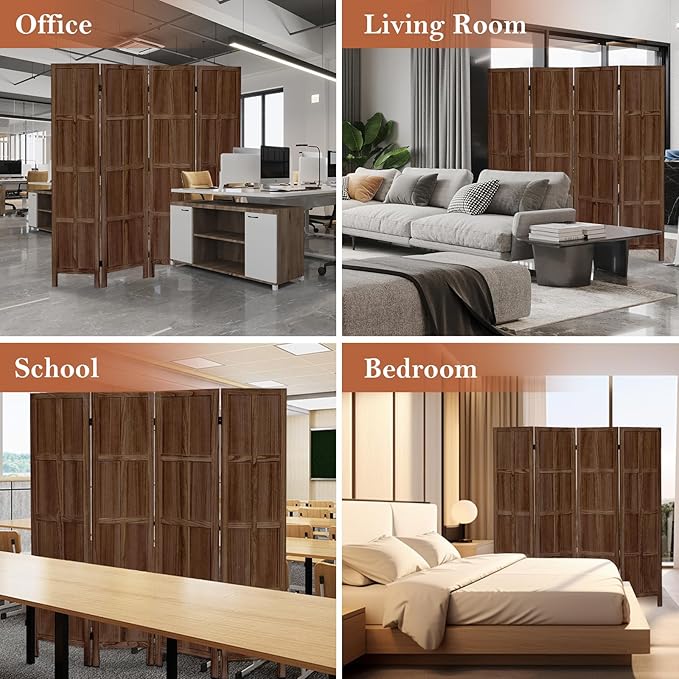 Leesinwing Wood Room Divider 4 Panel Folding Privacy Screen, Classic 5.6Ft Indoor Wooden Partition, Portable Partition Wall Divider for Room Separation, Home, Office, Bedroom, Restaurant (Brown)