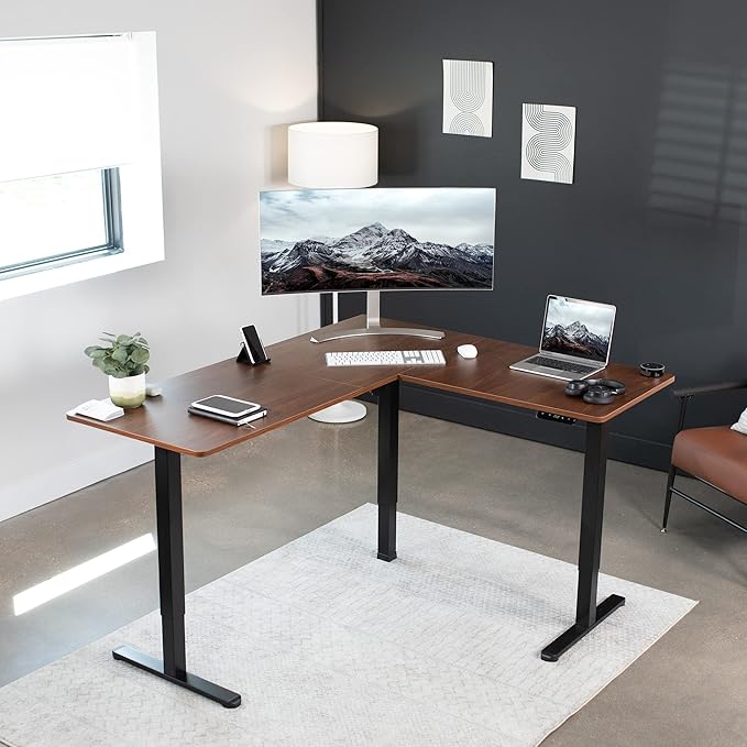 VIVO Electric Corner 63 x 55 inch L-Shaped Standing Desk, Memory Height Adjustment, Dark Walnut Top Black Frame, DESK-E3CTD