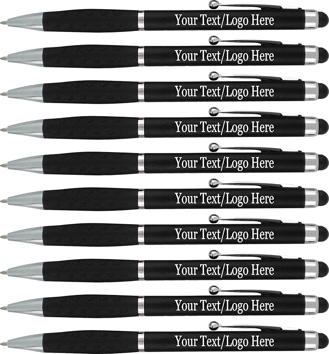 SyPen Personalized Stylus Pens With your Custom Logo or Text-600 Pack Bulk-for Businesses, Parties, and Events, 2 in 1 Ballpoint Pen & Stylus for Touchscreen Devices, Black Barrel, Black Ink