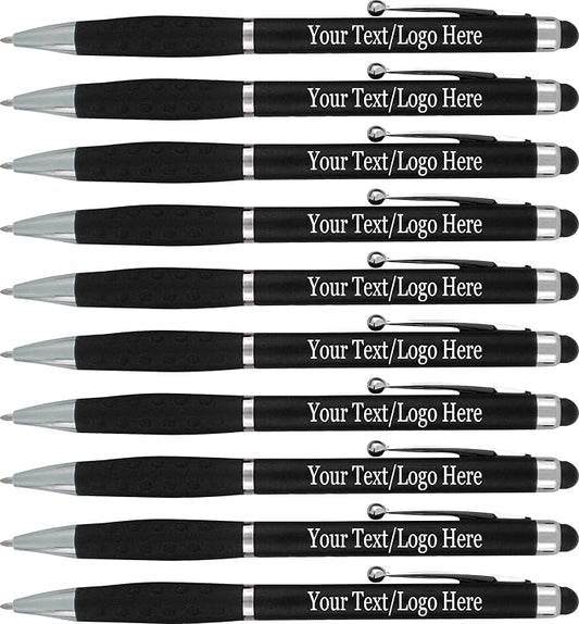 SyPen Personalized Stylus Pens With your Custom Logo or Text-300 Pack Bulk-for Businesses, Parties, and Events, 2 in 1 Ballpoint Pen & Stylus for Touchscreen Devices, Black Barrel, Black Ink