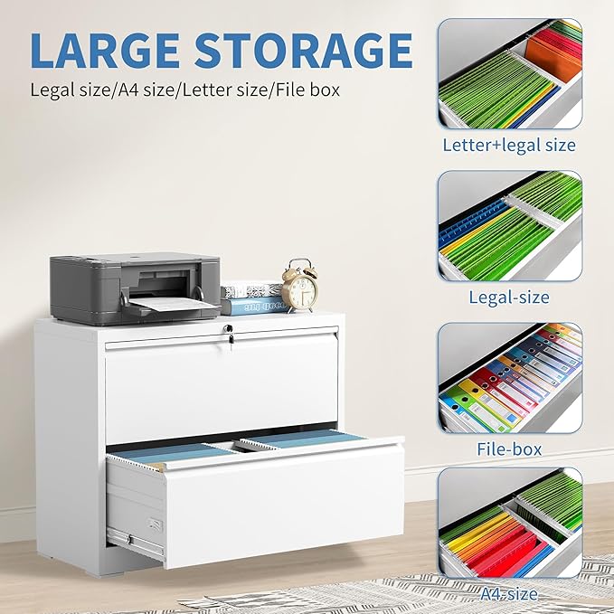 FLIXELIO File Cabinets 2 Drawer,Metal Office Storage Filing Cabinet with Lock,White Lateral Filing Cabinet for Home Office,Horizontal Two Drawer File Cabinet for Legal/Letter/A4,Assembly Require,White
