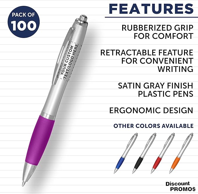 DISCOUNT PROMOS Personalized Ballpoint Pens With Rubber Grip, 100 pack Customizable Ergonomic Click-to-Write Custom Writing Pens for School with Black Ink, Purple