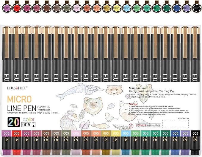 huesamhi 005 Micro Pen,20 Colors Waterproof Ink 0.20mm Fine Tip FineLiner Pens for Art Illustration,Sketching, Anime, Bullet journal,and Technical Drawing