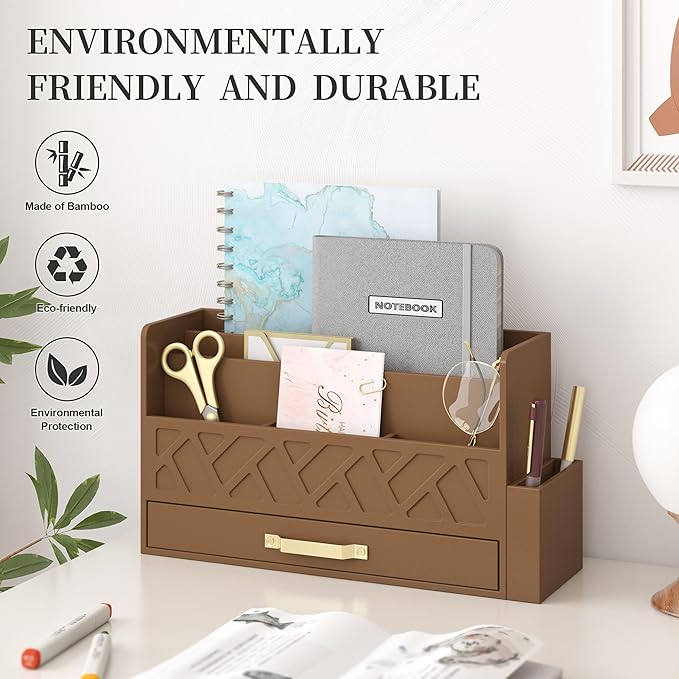 Wisuce Home Bamboo Desktop Organizer with Drawer,Bill & Mail Organizer for Office Desk, Wall Mounted and Countertop Mail Sorter,Workspace Storage Accessories Organizer for File Letter （Brown）