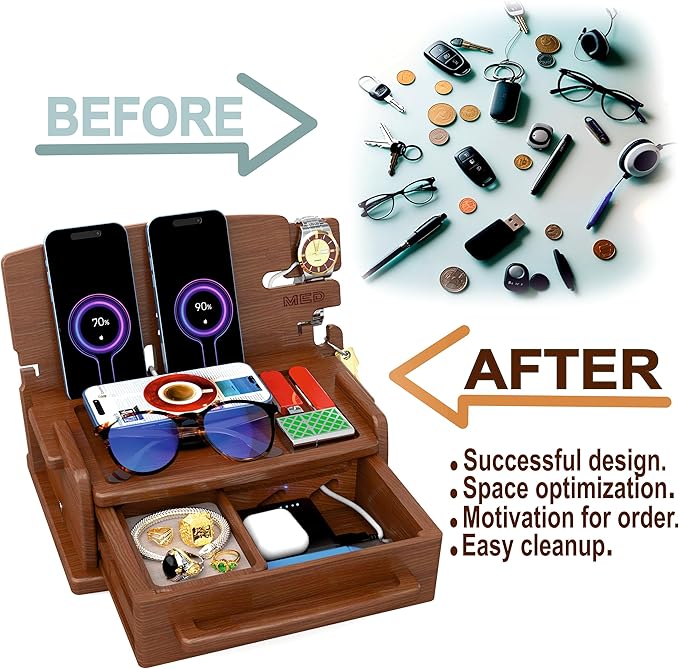MED Wood Phone Docking Station – Nightstand Desk Organizer for Phone, Watch, Wallet & Tablet – Gift for Men, Husband, Dad & Women – Wooden Charging Stand (Dark Walnut, Model 3)