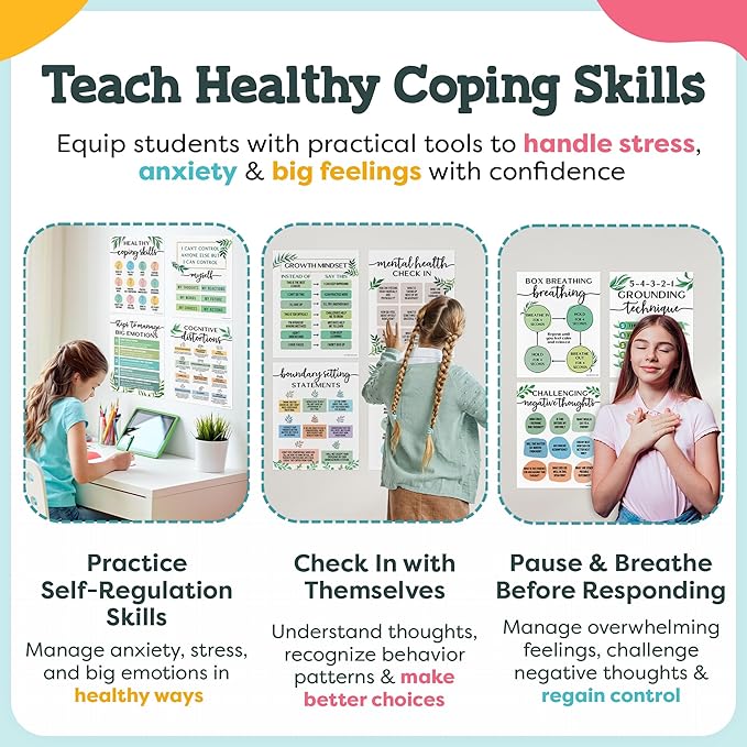 Mental Health Posters - 12 PCS (11"x14") - Coping Skills, Boundary Statements and Growth Mindset for Classroom, Therapy Office, Counseling Decor, Mental Health Gifts, School Counselor, Psych Supplies