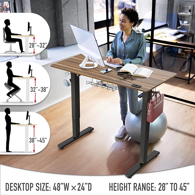 SHW 48-Inch Electric Height Adjustable Standing Desk with Drawer, Memory Preset and Cable Management Tray, Walnut